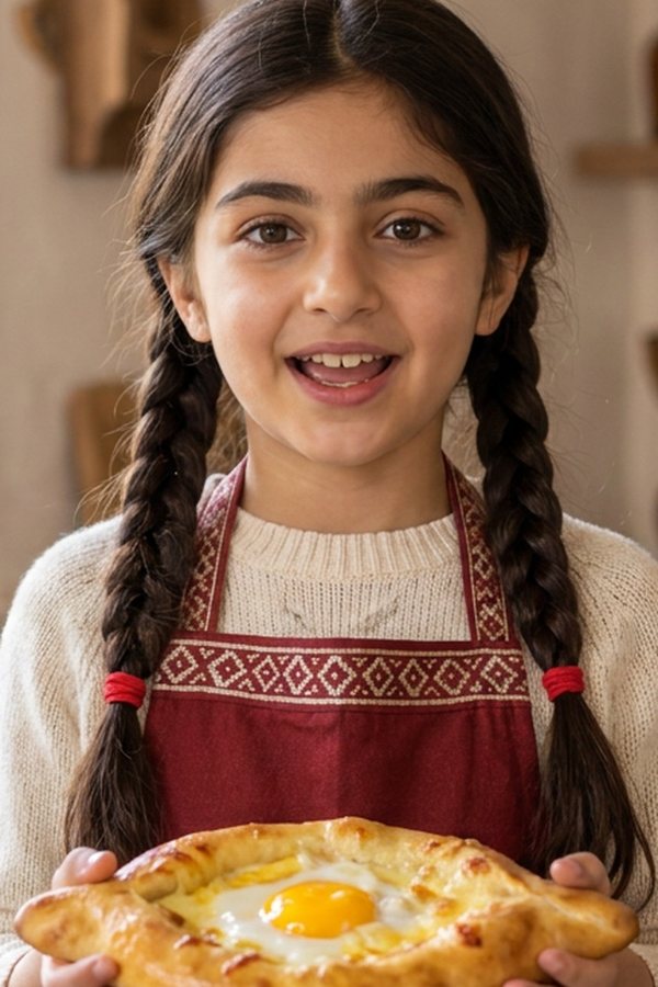 Sofiko holding a khachapuri