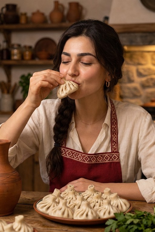 Tamara eating Georgian khinkali the right way, by the tail, sipping the broth first